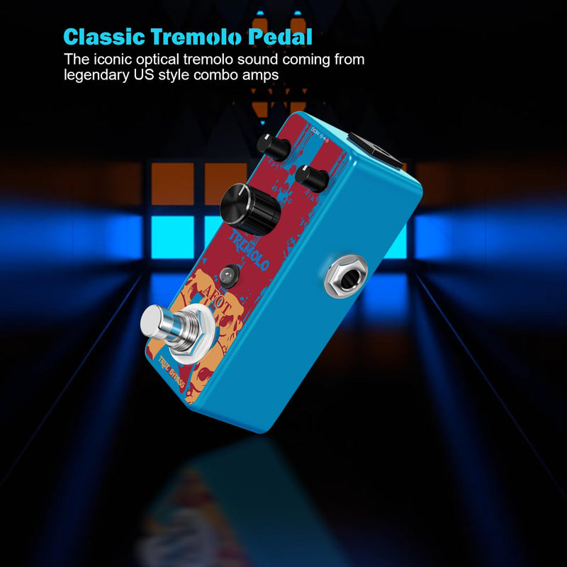 Classic Tremolo Guitar Effects Pedal for Electric Guitar and Bass - Analog Photoelectric Tremolo With True Bypass, Mini Size Blue Tremolo