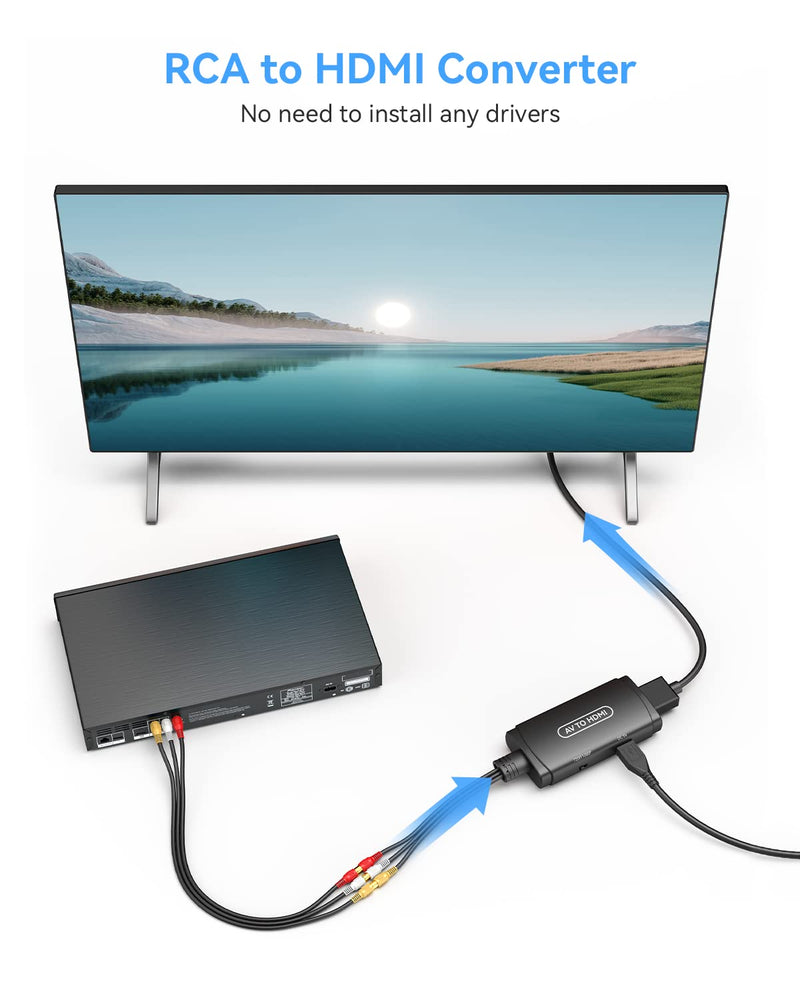 ABLEWE RCA to HDMI Converter, AV to HDMI Adapter, Composite to HDMI Adapter Support 1080P, PAL/NTSC Compatible with WII WII U/PS one PS2/PS3 STB Xbox VHS VCR Blue-Ray DVD ect.