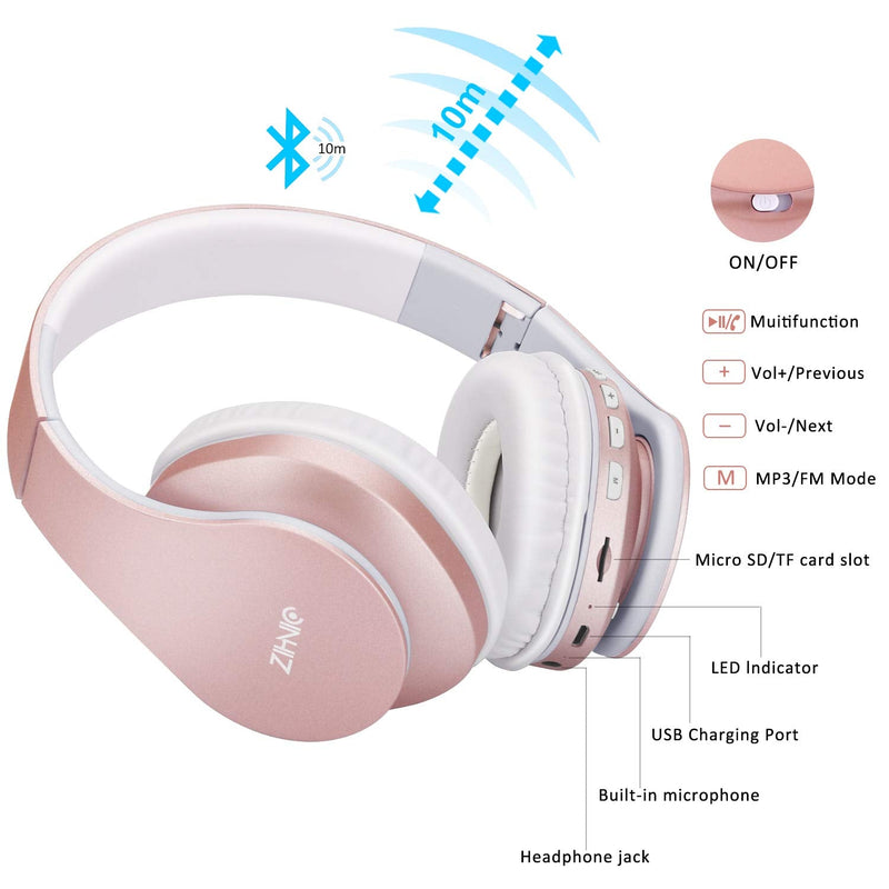 Bluetooth Headphones Over-Ear, Zihnic Foldable Wireless and Wired Stereo Headset Micro SD/TF, FM for Cell Phone,PC,Soft Earmuffs &Light Weight for Prolonged Wearing(Rose Gold) Rose Gold