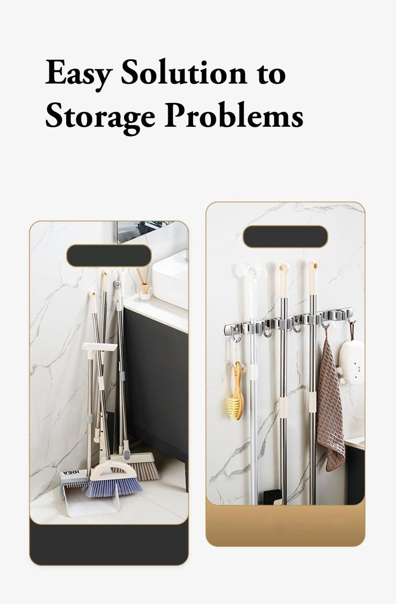 [AUSTRALIA] - Mokife Broom Holder Wall Stainless Steel Garden Tool Holder Wall Mount with 5 Holders 4 Hooks Broom Holder Self-Adhesive Tool Holder Organiser for Kitchen Bathroom Garage Garden Office (5 Holders) 5 Halter 
