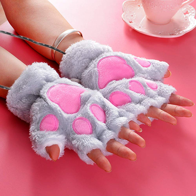 USB 2.0 Powered Stripes Heating Pattern Knitting Wool Cute Heated Paw Gloves Fingerless Hands Warmer 2 Pack Gray+purple