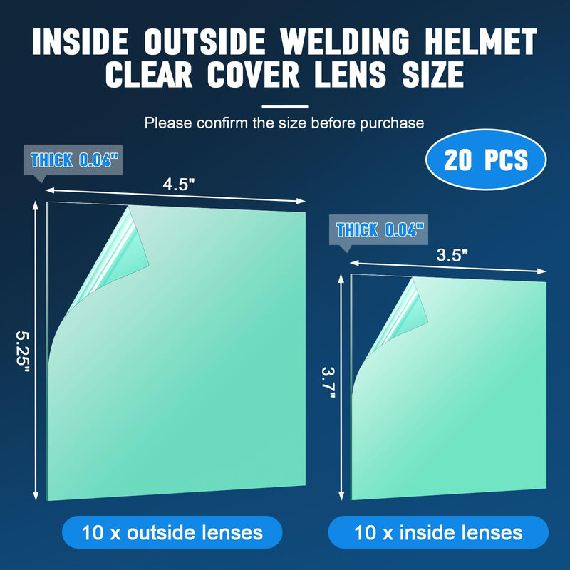 20Pcs 3350 Series Welding Helmet Cover Lens Fits for Lincoln Electric Viking, Inside Outside Helmet Hood Replacement Clear Cover Len 3.7" x 3.5" x .04", 4.5" x 5.25" x .04"
