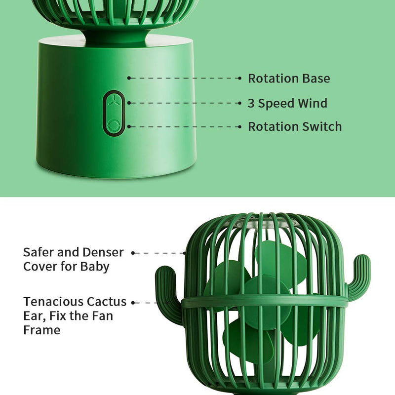 BEISHIDA Personal Fan Small Desktop USB Desk Fan, Cactus Mini Handheld Table 80 Degree Auto Rotation Portable Fans, 3 Speeds Strong Wind, Quiet Operation Fan for Room Home Office Outdoor Travel Green