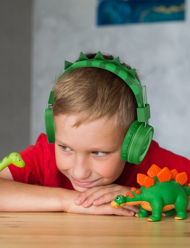 SIMJAR Dinosaur Kids Headphones with Microphone for School, Volume Limiter 85/94dB, Over-Ear Girls Boys Headphones for Kids with Foldable Wired Headphones for iPad/Travel/Tablet Green