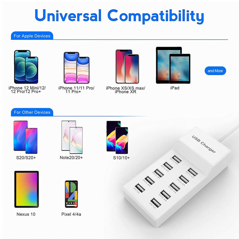10-Port USB Wall Charger Station with Rapid Charging Auto Detect Technology Safety Guaranteed Family-Sized USB Ports for Multiple Devices Smart Phone Tablet Laptop Computer White