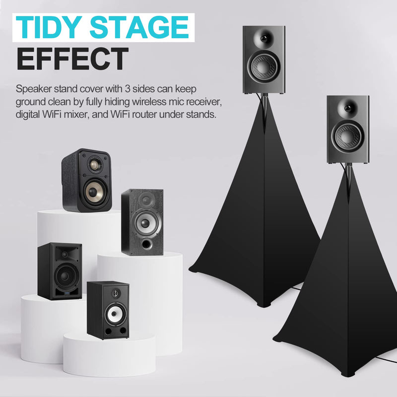 Speaker Stand Cover, DJ Speaker Stretch Cover Black, 360 Degree Speaker Stand Tripod Cover Skirt with Storage Bag for Stage Gig, Wedding and Banquet Event- 2 Pack