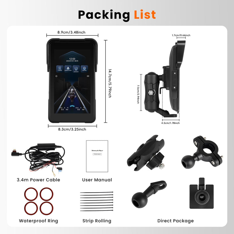 Motorcycle Carplay Screen 5 Inch GPS Navigation System with Wireless Carplay and Android Auto IP68 Waterproof Portable Screen Plug and Play with Bluetooth Navigation Software Upgrade Brightness Adjust