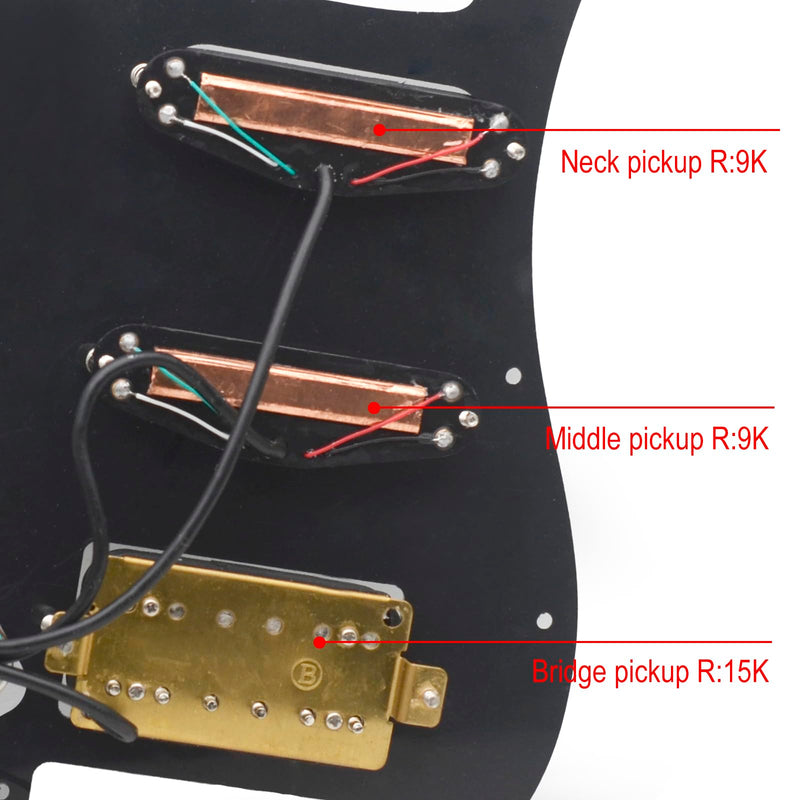 SAPHUE SSH-Coil Splitting Electric Guitar Pickguard Two Mini Humbucker + ONE Humbucker(9K/9K/15K)+Silence Switch Loaded Prewired Scratchplate (Black-Black) Black-Black