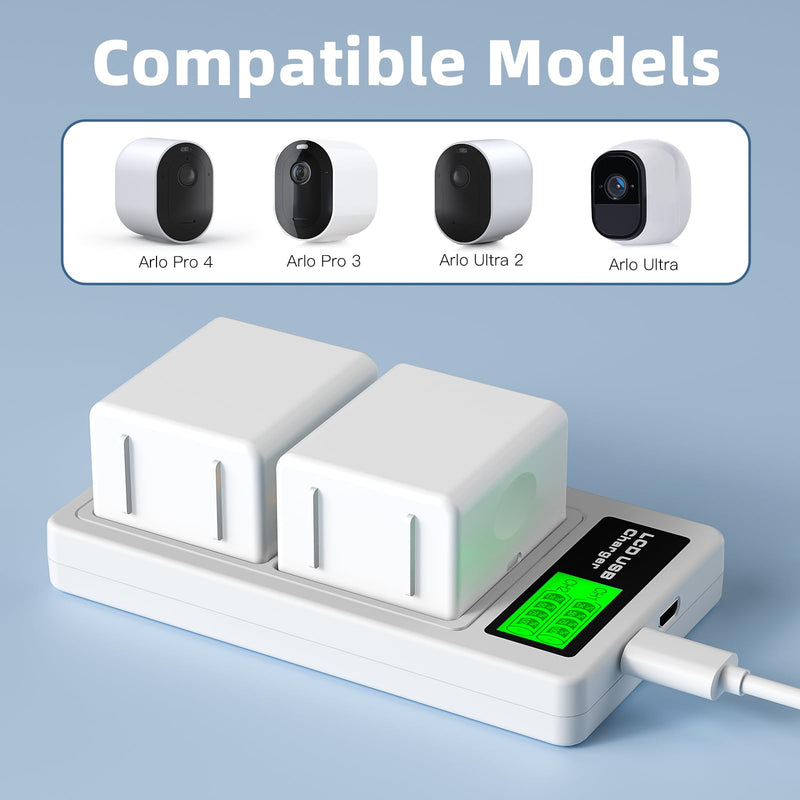 E EGOWAY 2-Packs Batteries Compatible with Arlo Pro 5S 2K, Arlo Pro 4, Pro 3, Arlo Ultra 2, Ultra Cameras VMA5400 VMC4040P VMC4060P A-4a, 3.85V 4800mAh, with LCD Dual Charger A4