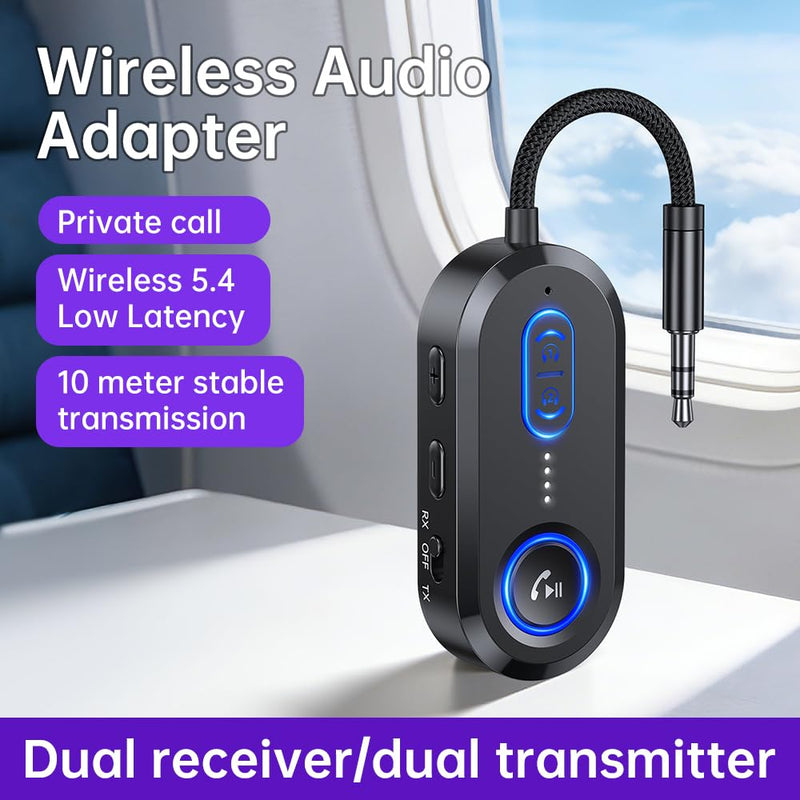 Bluetooth 5.4 Transmitter Receiver for 2 AirPods/Headphones, 2-in-1 Bluetooth Audio Adapter for TV, Airplane Travel, 3.5mm AUX Wireless Adapter for Car/Home Stereo