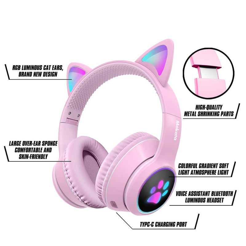 Mokata Gaming Bluetooth 5.0 Wireless Headphones Over Ear Cat LED Light Foldable Music Headset with AUX 3.5mm Microphone (Built-in) for Adult & Kids PC TV Game Music Pad Laptop Cellphone Pink Bluetooth Wireless