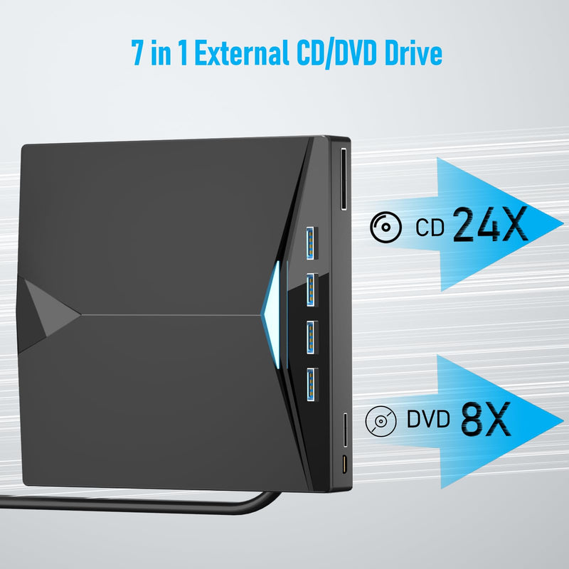 Yaeonku 7 in 1 CD DVD External Drive for Laptop, High Speed USB CD Drive | External CD/DVD Drive for Laptop Slim & Lightweight for on-the-go Use，CD Reader with 4 USB Ports and TF/SD Card Slots