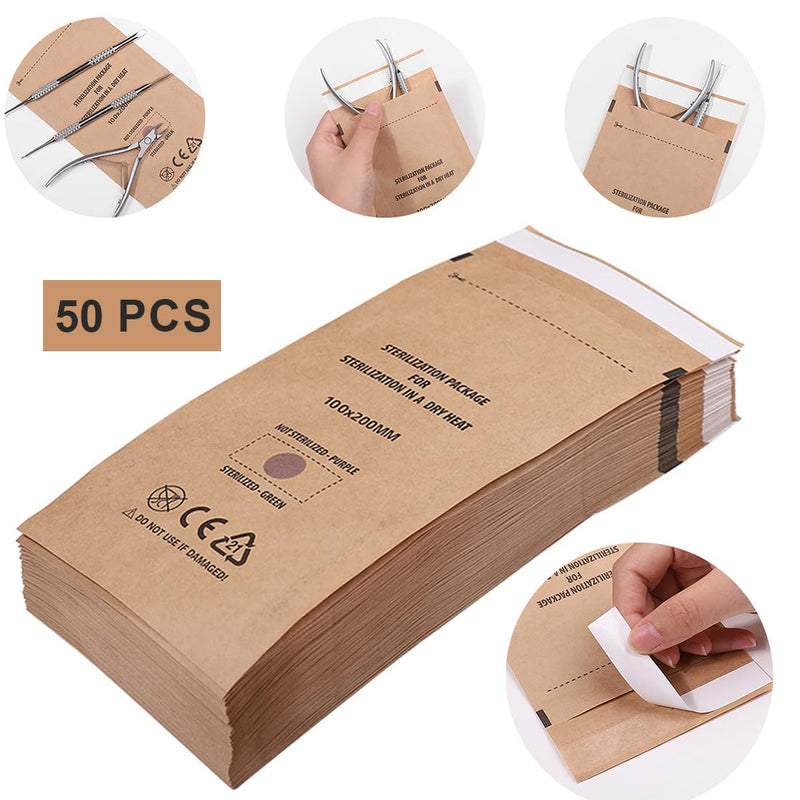WUSJCOF Autoclave Sterilization Bags, Manicure Sterilization Bags, Self-Adhesive Paper Bags for Disinfecting Nail Tools, 100 x 200 mm, Pack of 50