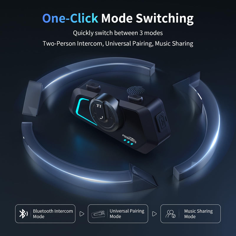 Fodsports T1 Motorcycle Bluetooth Intercom V5.4 with Music Share, One-Click Switching for 3 Functional Modes, 2-Way Helmet Communication Systems, FM/5 Stickers/Noise Cancellation/Stereo Music, 1 Pack T1 1 Pack