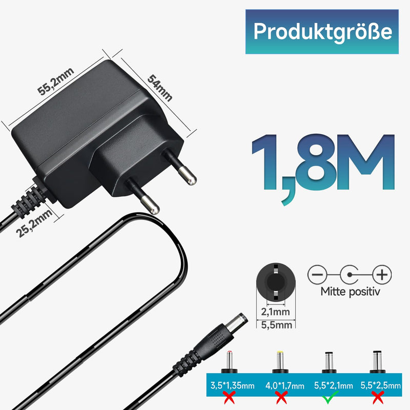 Power Supply Adapter 9V 0.5A 4.5W 1.8M AC DC Switching Adapter (Input 100-240V, Output 9V 0.5A) DC 9V 5.5x2.1mm Wall Mount Transformer Plug 9V0,5A