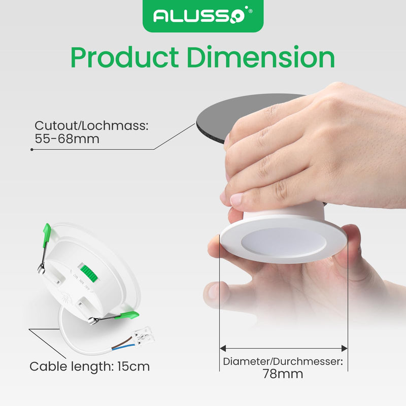 ALUSSO LED Recessed Spotlights, 230 V, 68 mm, Dimmable, 4 W, Ultra-Flat, 310 Lm, IP44, Warm White 3,000 K, Neutral White 4,000 K, Cool White 6,500 K, for Bathroom, Living Room, Set of 6. 4w White, Diameter 55-68 Mm Hole Size