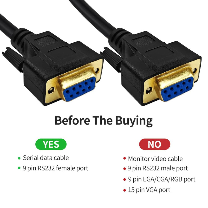 3.3 Feet(1 Meter) RS232 Null Modem Cable DB9 2 3 Cross TX RX Line Double Shielded(Metal Braiding&AL-foil) Female to Female, Black, SC902X07FF 3.3 feet(1 meter)