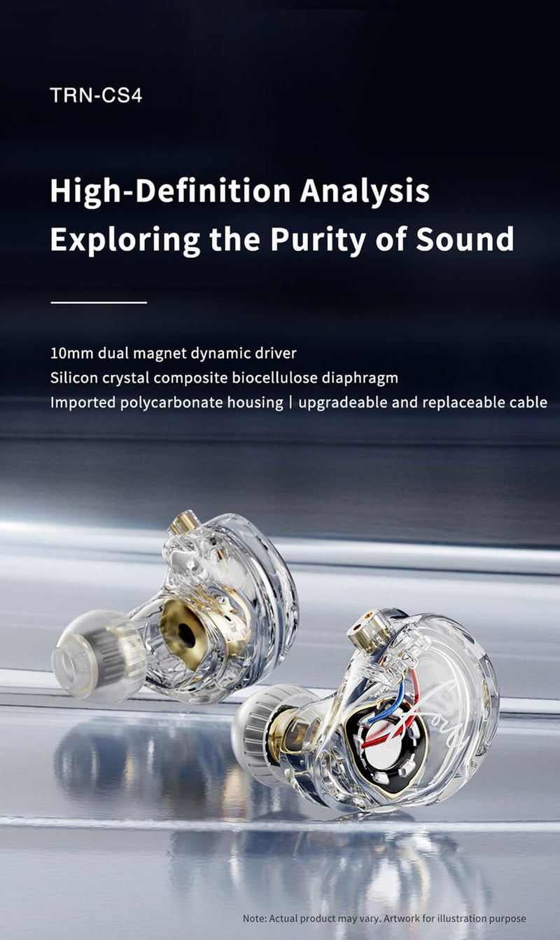 FEDAI TRN CS4 in Ear Monitor Earphone, TRN in-Ear Earbuds with 10mm Dual Magnet Dynamic Driver and New Silicon-Crystal Composite Over Ear Headset with Detachable 2 Pin 0.75MM Cable(with mic,Clear) With mic Transparent