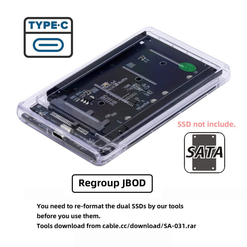 cablecc Dual NGFF B+M-Key M.2 SSD Card JOBD Raid0 Span Bridge to USB3.0 Type-C USB-C 2.5inch SATA Combo Enclosure Dual NGFF B+M-Key to USB3.0 SATA Enclosure