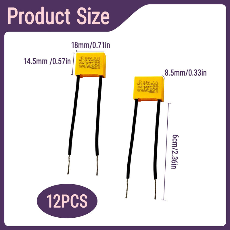 [AUSTRALIA] - Pack of 12 suppression capacitors LED, LED suppressor capacitor 0.33µF 275V X2 radial, interference capacitor LED lamp, reduces LED flashing and glow, ideal for radio protection and electronic devices 