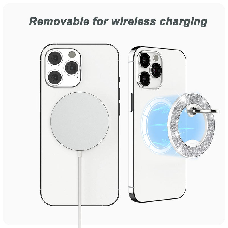 Magnetic Phone Ring Holder for magsafe, Glitter Magnetic Grip Compatible with iPhone 15 14 13 12 Pro max,Pro,Plus,Mini Mag Safe Accessories,Adjustable Kickstand Wireless Charging,Silver Glitter Silver