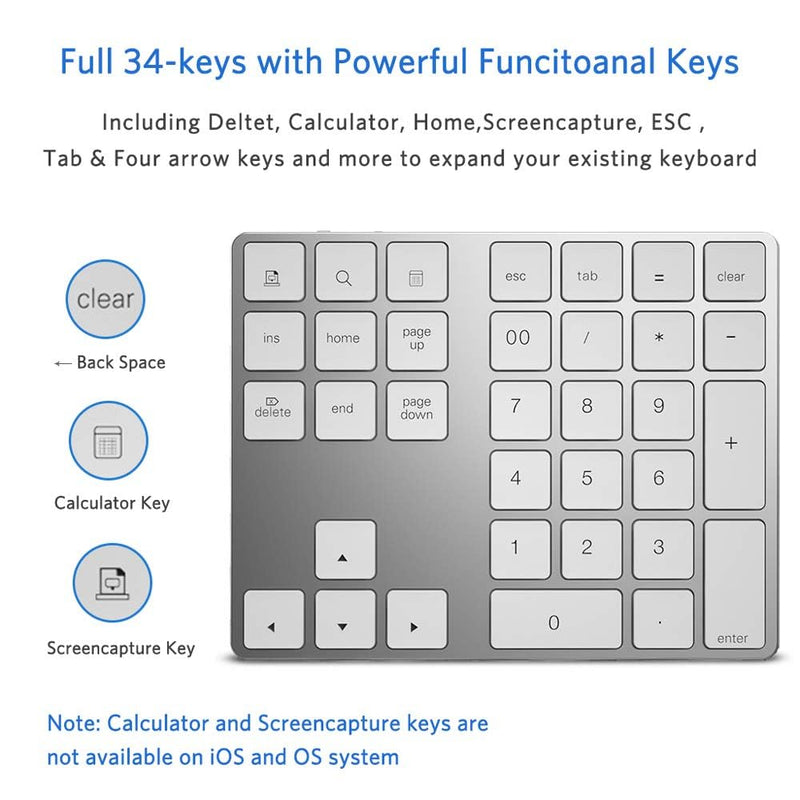 JOYEKY Wireless Number Pad Bluetooth Numeric Keypad for Laptop | Number Pad for Laptop,USB-C Rechargeable,34-Keys Bluetooth Numeric Keypad