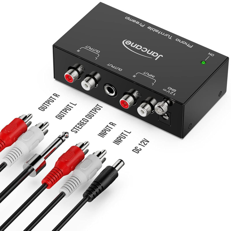 Jancane Phono Preamp for Turntable- Mini Electronic Audio Stereo Phonograph Preamplifier with RCA Input, RCA/TRS Output, Low Noise Operation, with 12 Volt DC Adapter Mini Phonograph Preamplifier-Black