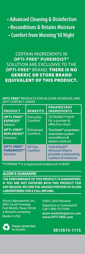 ALCON Opti-free Puremoist Multi-Purpose Disinfecting Solution, White, 4 Fl Oz 4 Fl Oz (Pack of 1)