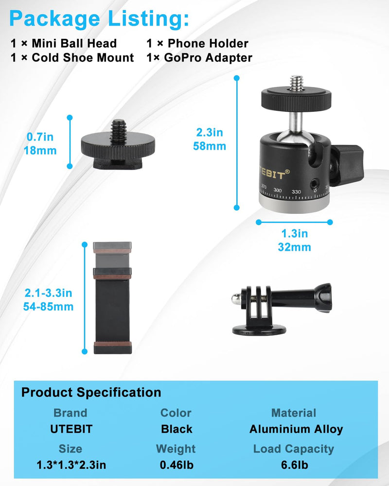 UTEBIT Mini Ball Head, 360° Panoramic Tripod Head Mount with 1/4" Screw, 20 mm Camera Ball Head Mount Compatible with Arca Swiss for Video Cameras DSLR Cameras Loading 6.6lb 20mm Scale Ball Head