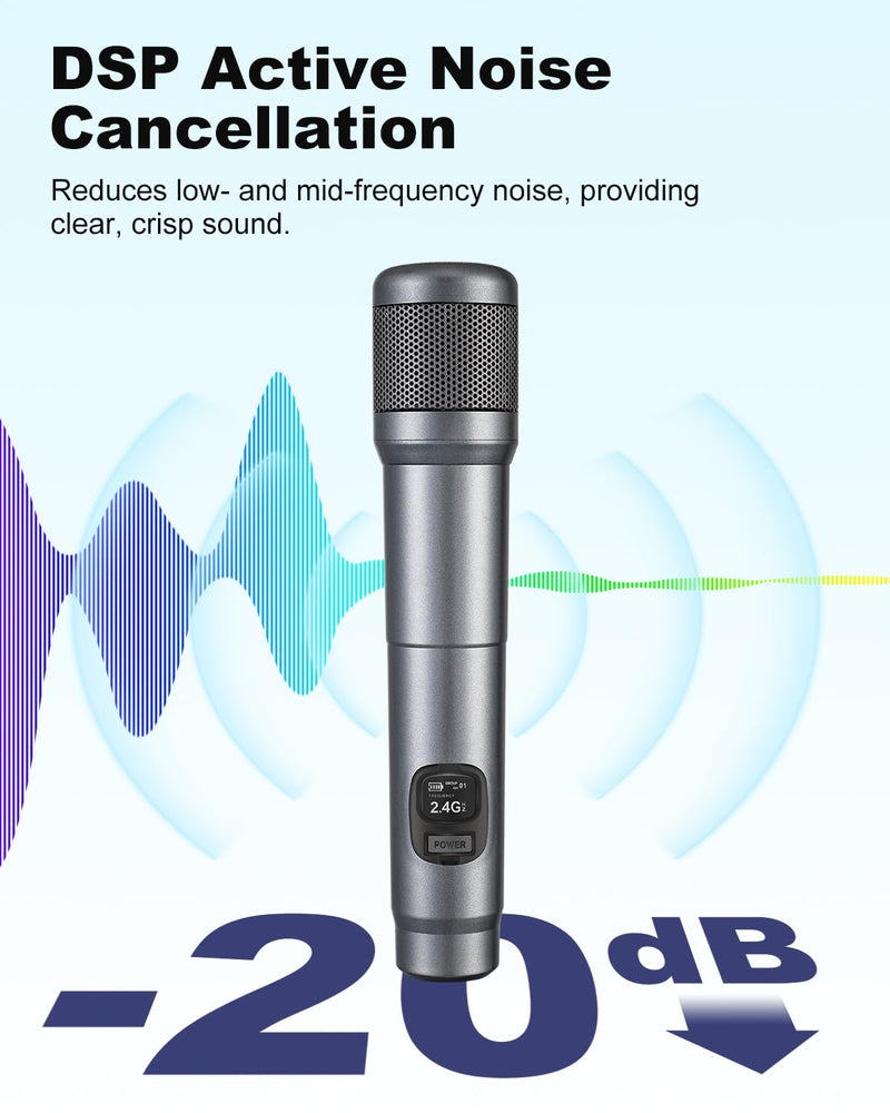 Wireless Microphone, Dual Handheld Dynamic Mic with Rechargeable Receiver, 40H Duration, 200ft Range, Plug and Play, Karaoke Microphone for Singing, Karaoke, Meeting, Church, Wedding