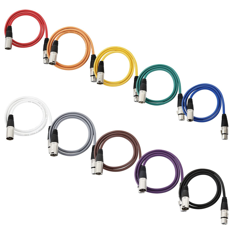 10 Pack of 3ft XLR Cables, Balanced 3 Pin XLR Male to Female Microphone Cables, Great for Audio, Guitar, Speaker