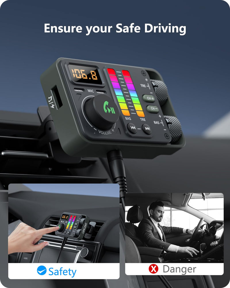 [AUSTRALIA] - LENCENT Bluetooth Car Adapter, Bluetooth 5.3 FM Radio Transmitter with Hi-Fi Treble & Bass Music Player, PD20W and QC18W Fast Charger, Dual Mics for Hands-Free Call, Siri & Google, U Disk/3.5mm AUX 