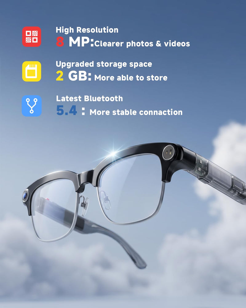 TOOBUR AI Smart Glasses with 8MP Camera, 1080P Anti-Shake HD Video, 2 Pairs of len, Real-Time Translation & Voice Assistant, Bluetooth Calls & Open-Ear Audio for Vlogging, Travel & Meetings
