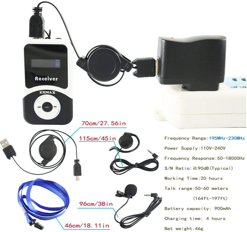 EXMAX Wireless Tour Guide Microphone Church Translation System ATG-100T 195MHz Interpretation Systems for Meetings Houses of Worship Schools Municipal Buildings(1 Transmitter 1 Receivers)