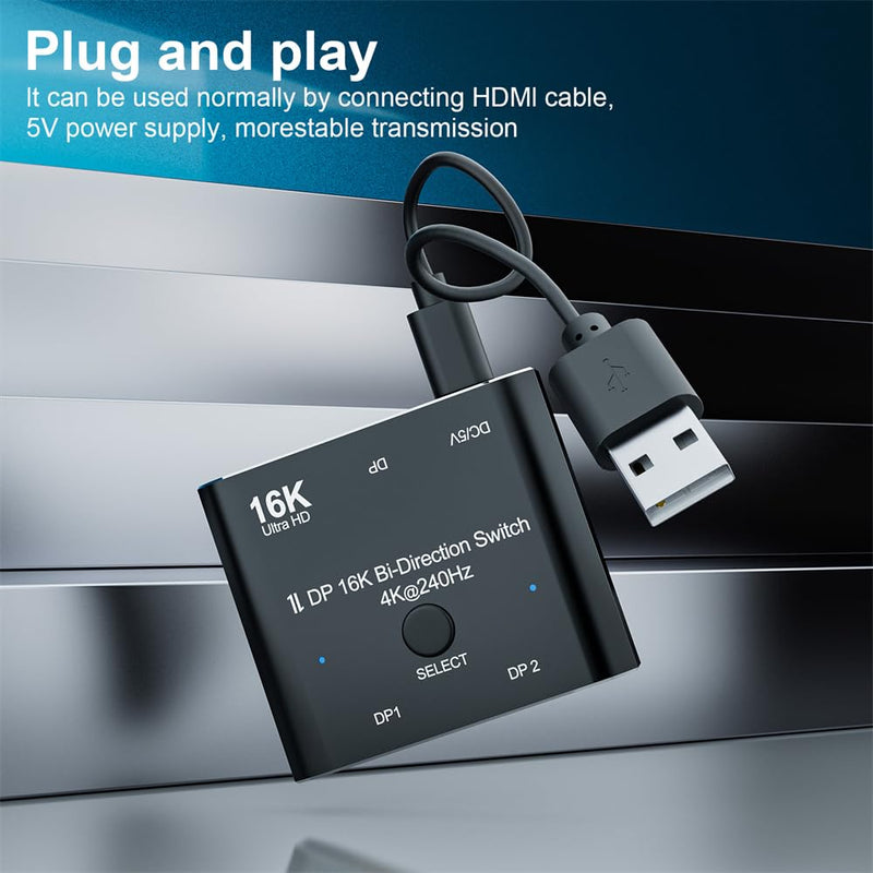 NFHK DP DisplayPort 2.0 Bi-Direction 2x1 Switch Splitter Selector Hub Support HDCP SST Extended 16K@60hz 4K@240hz Convertor DP 2x1 Switch