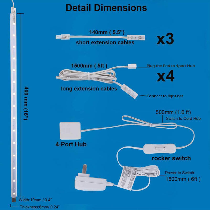 LED Display Light Bar Kit - (4) 16inches Plug-in Linkable Strip Lights for Large Display Cabinet - Series + Parallel Connection - White 6000K Cool White (6000K)