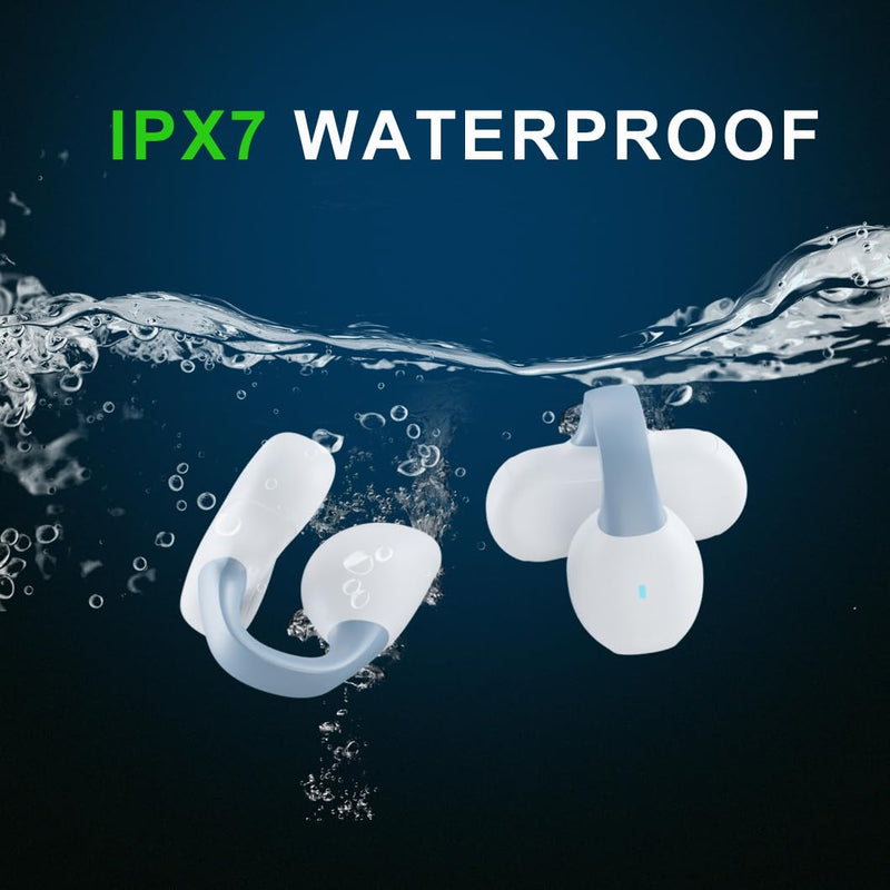 IHAO Clip Ear Sport Earbud Headphones Bluetooth 5.3 Open Earpiece, Clip On Ear Never Fall Out 8 Hours Playtime with Charging Case, HiFi Sound Noise Reduction Painless Firm Wear IPX4 Waterproof-White Clip Earbud White