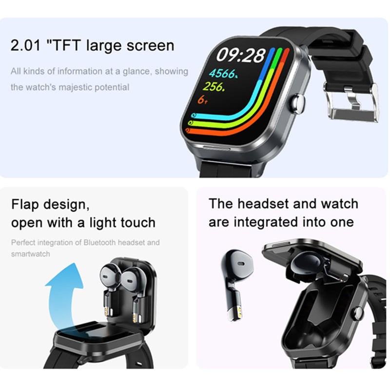 Tuanzi D8Pro 2.01" TFT Smartwatch with Earbuds Smart Watch TWS Wireless Bluetooth Headset Health Monitor Fitness Tracker Bluetooth Call Music Player (Black Silicone) Black Silicone