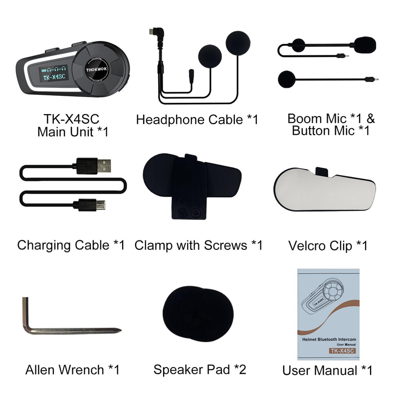 Motorcycle Helmet Intercom, TK-X4SC Helmet Bluetooth Headset for 6 Riders Up to 2000m, Music Share/Noise Reduction/Bluetooth 5.4/LCD Screen, Motorcycle Headphones(1 Pack) TK-X4SC Single