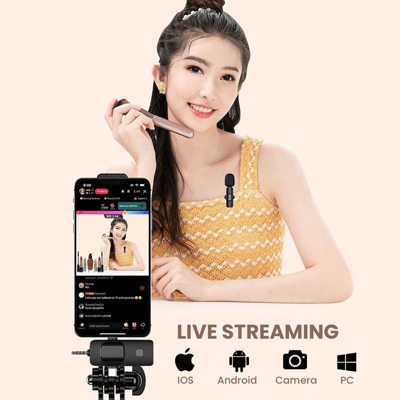 Wireless Lavalier Microphone, Professional Wireless Lavalier Lapel Mic, Portable Clip Mini Mic for Interview/Vlog/Livestream/Podcast/Teaching, Audio & Video for iPhone, Android/Pad/Camera/Laptop