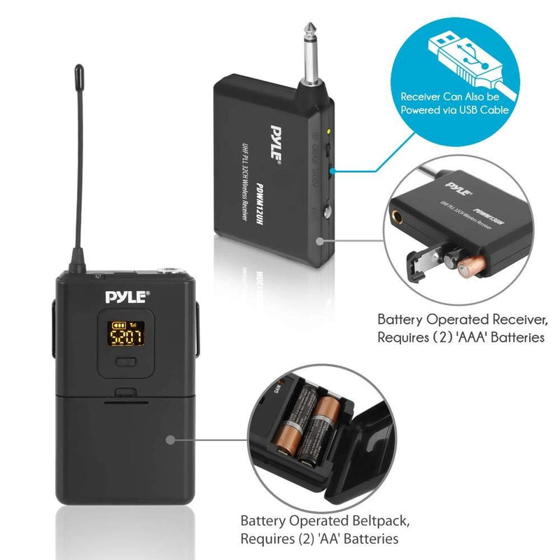Pyle UHF 32-Channels Wireless Microphone - System Set with Headset & Lavalier Lapel Microphones, Beltpack Transmitter, Clip on Lavalier Mic & Receiver - Perfect for Karaoke & Conference - PDWM12UH