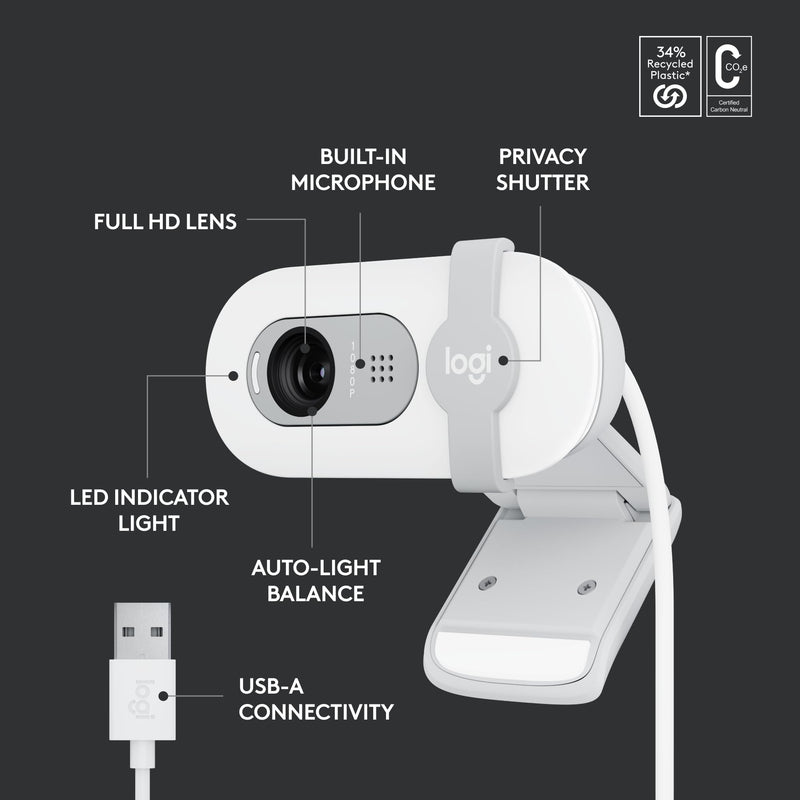 Logitech Brio 100 Full HD 1080p Webcam for Meetings and Streaming, Auto-Light Balance, Built-in Mic, Privacy Shutter, USB-A, for Microsoft Teams, Google Meet, Zoom and More - Off White Off-White