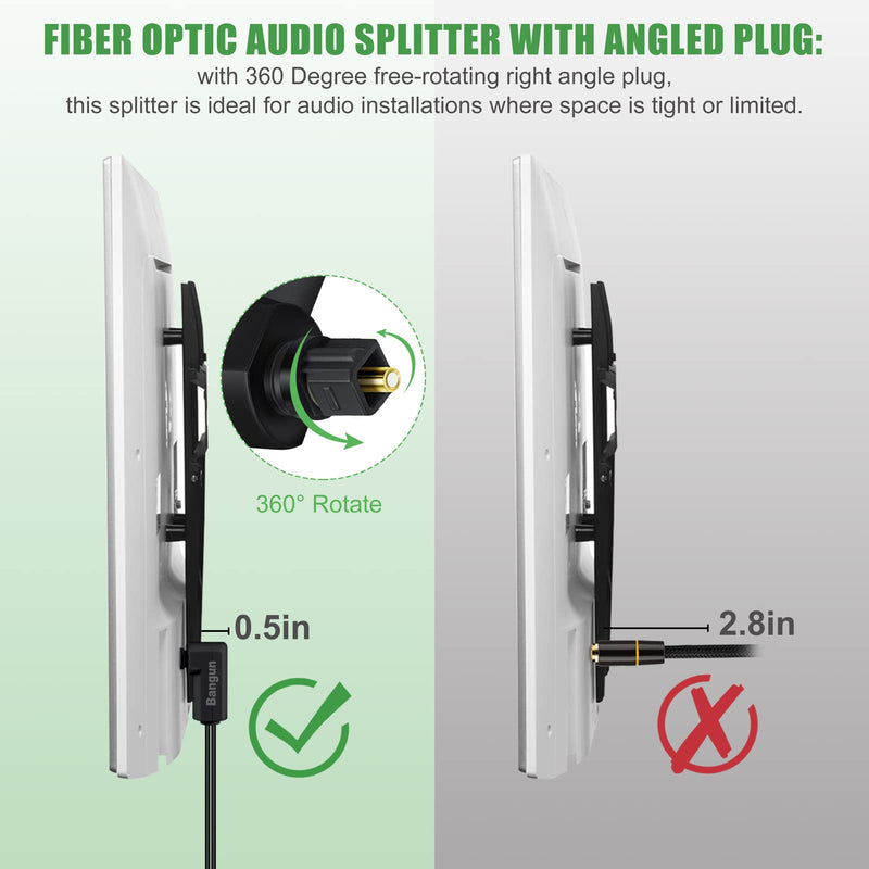 90 Degree Optical Audio Splitter 1 in 2 Out, Digital Toslink Fiber Optical Splitter Audio Adapter (1 Male Input 2 Female Output) for TV, Soundbar right angle plug