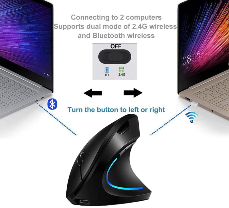 Vertical Mouse, Right Handed 2.4GHz Wireless Ergonomic Rechargeable Vertical Mouse with 4 Adjustable DPI 800/1200/1600/2400, 6 Buttons,Compatible with PC, Desktop,Mac (Black)… Black