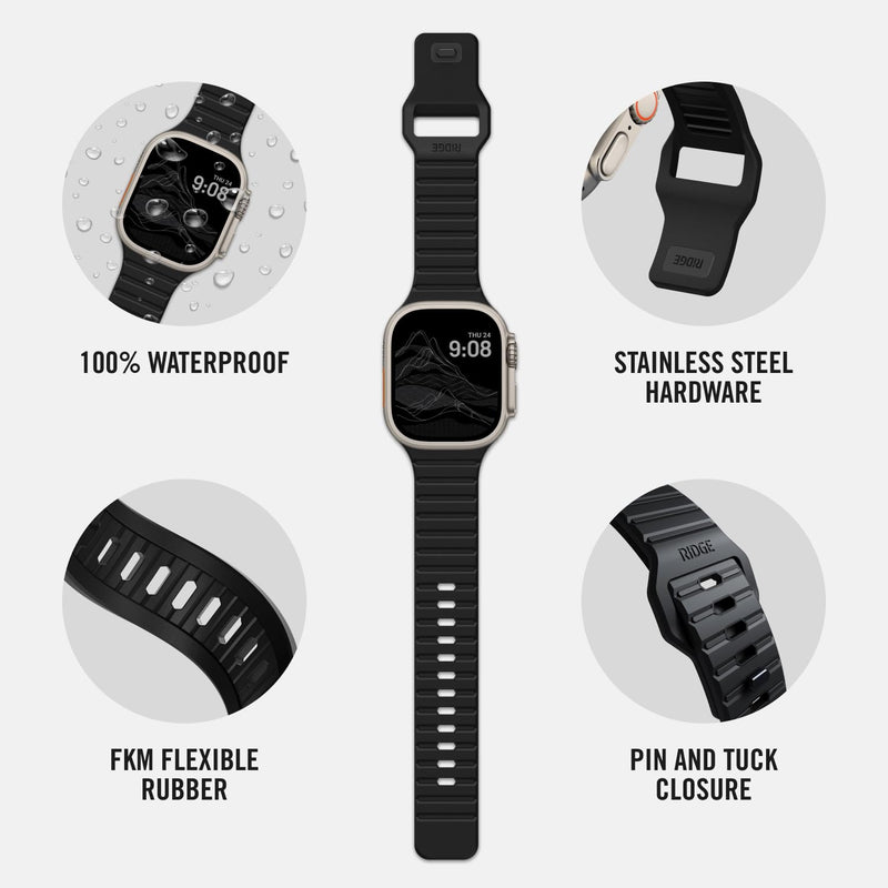 RIDGE Watch Strap - Compatible with Apple Watch 41/42 & Ultra/46 mm (Series 1-10 and SE), Premium FKM Rubber, Stainless Steel Hardware, Adjustable & Fits Most Wrists Matte Black Large