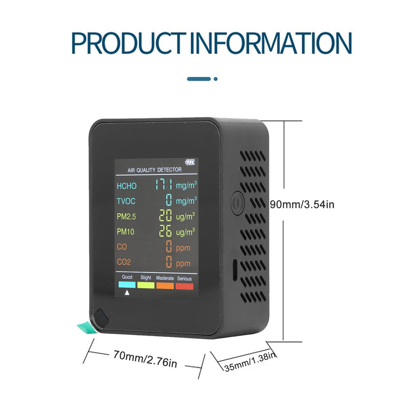 Air Quality Monitor, Portable Rechargeable CO2 Detector with Backlit Display and Alarm for Rooms, Basements, Grow Tents, Offices (Black) BLACK