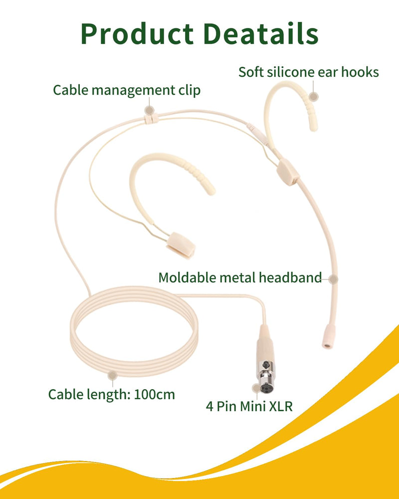 3 Pack Microphone Headset - Discreet Over-Ear Headworn Earset with Hanging Mic, Compatible with Shure Wireless Bodypack Transmitters - Ideal for Live Performances, Theater, Lectures & Public Speaking