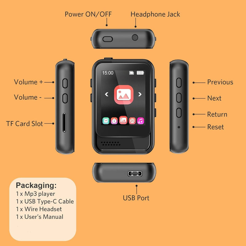 MP3 Player with Bluetooth 5.3,Portable Music Player with Speaker and Micro SD Card Slot MP3 Player with FM Radio,Video,Voice Recording,Earphone for Kids,Jogging and Gift,Max 512GB Expand 16GB