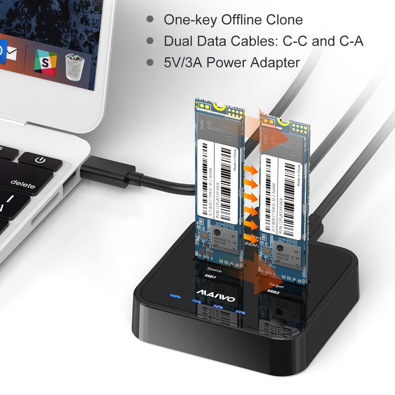 MAIWO NVMe Cloner M.2 Duplicator for PCIe NVMe M Key SSD, USB C to SSD Adapter, Dual Bay Hard Drive Docking Station Reader with UASP, 20Gbps USB C&A Cables, 5V 3A Power