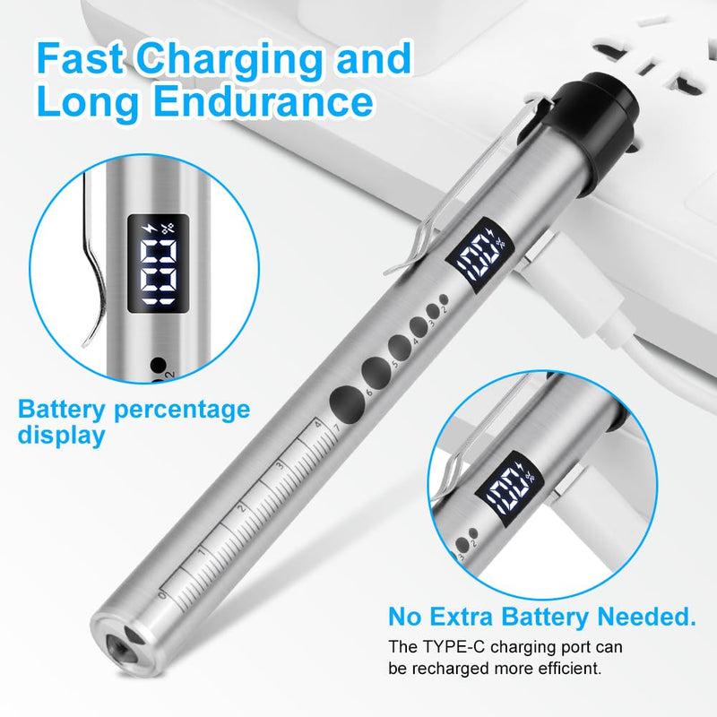 Flintronic Upil Light Medicine, 1 Piece Diagnostic Light with Digital Display, Pupil Meter and Ruler, Rechargeable USB LED Pen Lamp for Nurses, Students, Doctors (Silver) Type-c silver 1pc